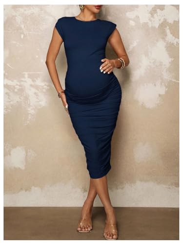 OYOANGLE Women's Maternity Crew Neck Short Sleeve Ruched Dress Pregnancy Bodycon Midi Dresses - size: Small