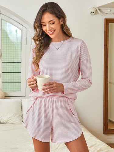 ANRABESS Womens Long Sleeve Striped Pajama 2 Piece Lounge Sets - color: Pink White, size: X-Large