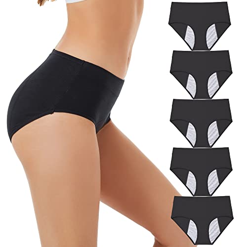 Period Underwear for Women Leak Proof Cotton Overnight Menstrual Panties - color: 5 Black, size: Medium