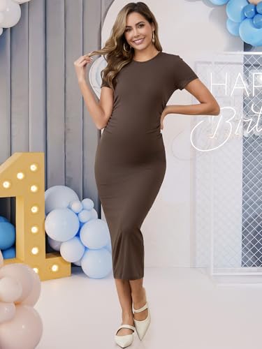 Maternity Dress Baby Shower Wedding Guest Bodycon - color: Brown, size: Small