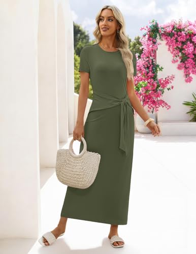 MEROKEETY Women's Summer T Shirt Casual Work Wrap Maxi Dresses - color: Army Green, size: Small