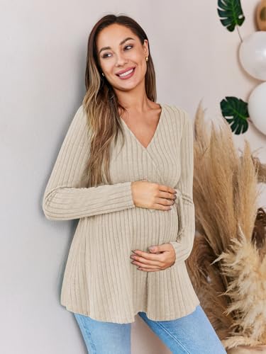 FMEYOA Women's Maternity Shirts Long Sleeve Pregnancy Tops - color: Beige, size: X-Large