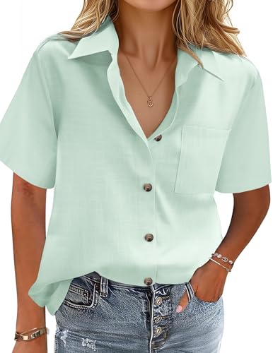 HOTOUCH Women Cotton Button Down Shirts Short Sleeve Linen Blouses Tops - color: Light Green, size: Small