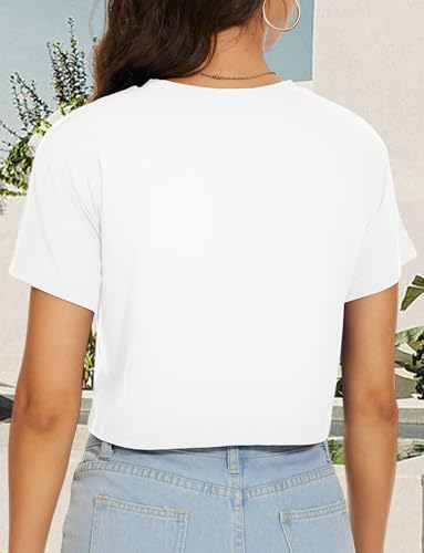 Womens Crop Tops Summer Short Sleeve Round Neck T-Shirts Loose Fit Blouse - color: A-white, size: Medium