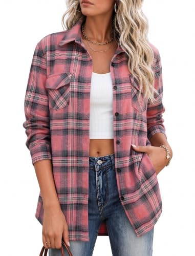 Zeagoo Flannel Shirt Women Plaid Button Down Shackets Long Sleeve Fall Tops - color: A-pink-gz720, size: X-Large