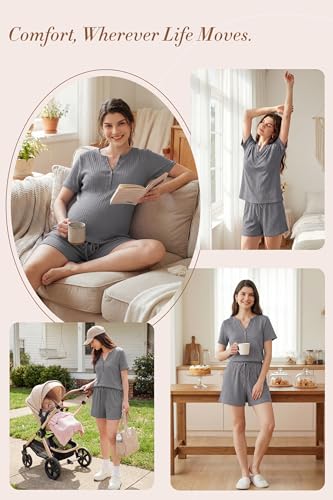 OUGES Women's 100% Soft Cotton Maternity Pajamas Sets Short Sleeve Pregnancy Postpartum 2 Piece Outfits Sleepwear - color: Grey, size: Small