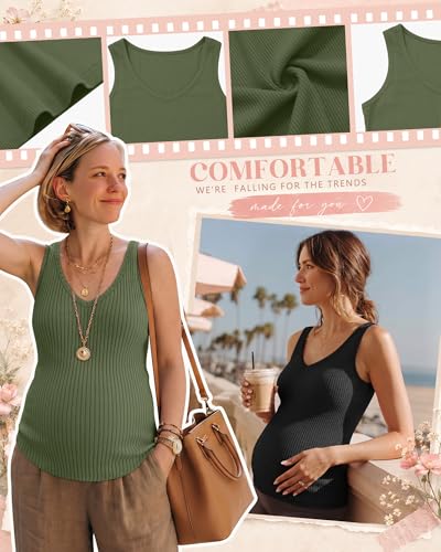 Neer 4 Pack Maternity Ribbed Tank Tops - color: Army Green, Light Heather Gray, White, Black, size: Large