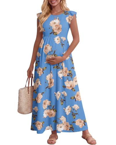 Huukeay Women Maternity Dress Ruffle Sleeve Floral - color: Dark Blue, size: Medium