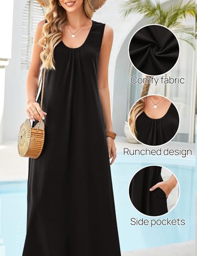 MEROKEETY Women's Summer Boho Sleeveless Ruched Maxi Dress - color: Black, size: X-Large