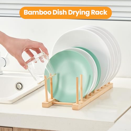 4 PCS Bamboo Dish Drying Rack, Pot Lid Plate Organizer Holder for Cabinet - color: Bamboo 8 Slots 4pcs
