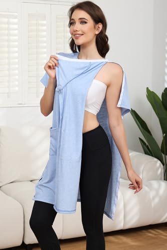 Women's Post Shoulder Surgery Tear Away Dress Short Sleeve Full Open Side Snap Adaptive Clothing with Pockets - color: Blue, size: Small