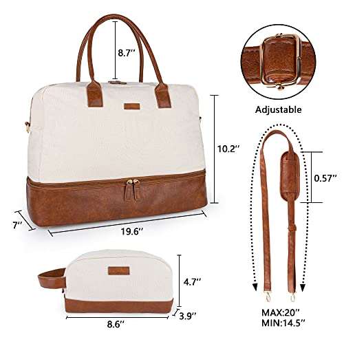 MyMealivos Canvas Weekender Bag Travel Duffel Shoe Compartment Overnight - color: Ivory