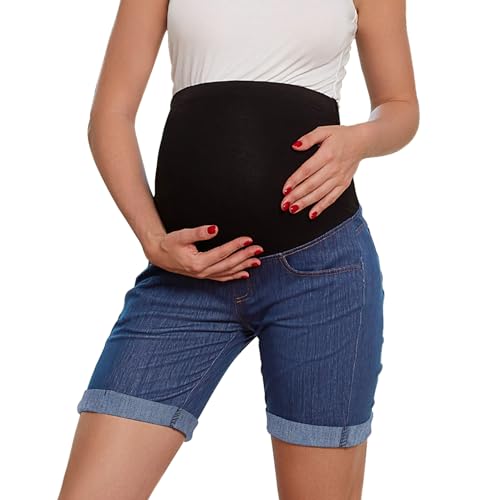 Bhome Maternity Bermuda Denim Jean Shorts Over the Belly Full Panel Casual Pregnancy Short Pants - size: Large