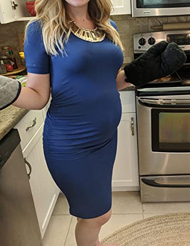 Peauty Side Ruched Maternity Bodycon Dress Short Sleeve Style Baby Shower - color: F. Navy, size: Medium