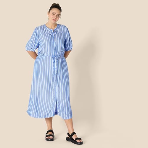 Amazon Essentials Women's Relaxed Fit Half-Sleeve Breathable Button Front Drawstring Waist Midi A-Line Dress with Pockets - color: French Blue/White Stripe, size: Medium
