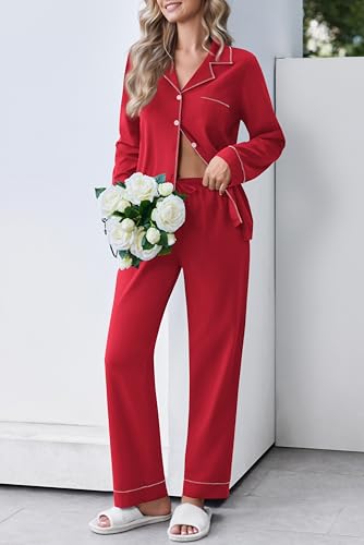 Ekouaer Womens Pajama Set Cotton PJs Long Sleeve Top & Pant Soft Loungewear - color: Red, size: Small