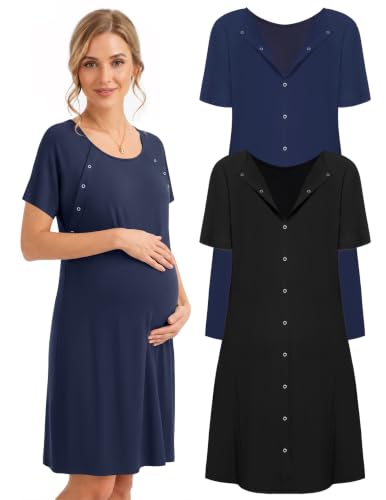 2 Pack Labor and Delivery Gown 3 in 1 Maternity Nursing Hospital Nightgown - color: 2 Pcs - Black + Blue, size: Small