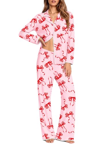 Ekouaer Pajamas for Women Set Long Sleeve Lounge Set Soft Button Down Pjs - color: Pink Bow, size: Small