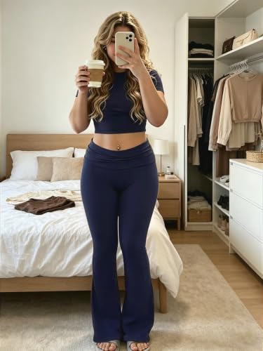 COPYLEAF Two Piece Lounge Sets for Women Fold Over Leggings Y2k Outfits - color: Navy Blue, size: Small