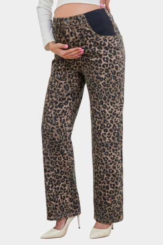 BLENCOT Women's Maternity Jeans Fashion Printed Pregnancy Denim Pants - color: Brown Leopard, size: X-Large