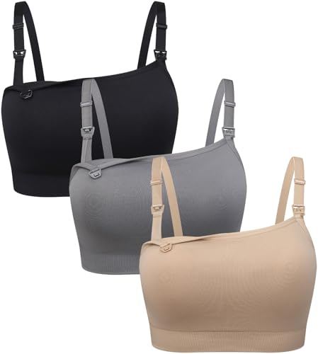 Suekaphin Square Neck Nursing Bra for Pregnancy Women Maternity Pull-On Breastfeeding Bra Fixed Cups - color: Black/Gray/Beige, size: Small