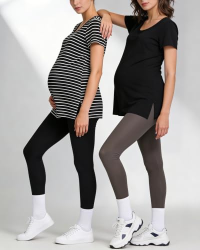 Women's Maternity Shirts Short Sleeve Split Hem Pregnancy Tops Clothes - color: Black Stripe, size: Medium