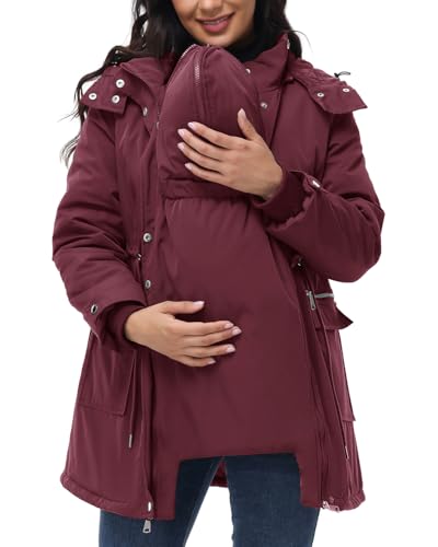 Maacie Maternity 3 in 1 Winter Coat Thicken Quilted Outwear with Pockets - color: Wine Red, size: X-Large