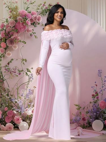 Maternity Mesh Off Shoulder Chiffon Cloak Maxi Photoshoot Dress - color: Pink-long Sleeve, size: X-Large