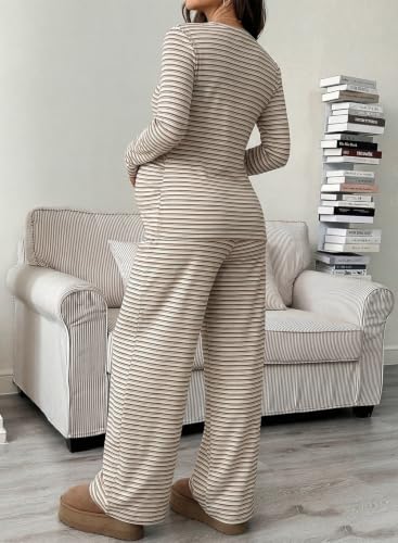 BLENCOT Maternity 2 Piece Outfits Striped Long Sleeve Pregnancy Set - color: Apricot, size: Large