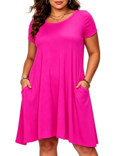 Afibi Womens Short Sleeve Loose Pockets Dress Casual Swing T-Shirt Dresses - color: Coral, size: XX-Large