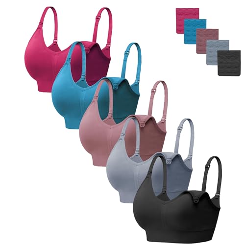 HBselect Women Maternity Bras 5 Pack Nursing Bras for Breastfeeding - color: 5pack(wine Red/Teal/Dusty Pink/Dusty Blue/Black), size: XX-Large