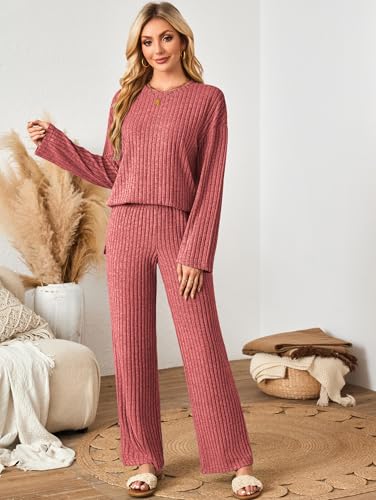 Kikibell Womens Sets 2 Piece Outfits Matching Lounge Set Cozy Knit Pajamas - color: Red, size: Large