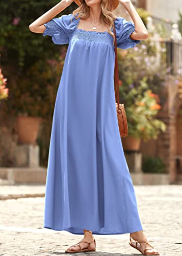 KIRUNDO Women Summer Maxi Dress Puff Sleeve Long Dresses - color: Blue, size: Medium