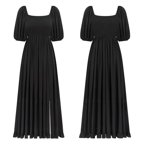 R.Vivimos Women's Summer Square Neck Smocked Slit Maxi Dress - color: Black, size: Medium