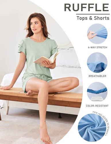 Ekouaer Womens Pajama Sets 2 Piece Ruffle Sleeves Top and Shorts Pjs - color: Sage Green, size: Small