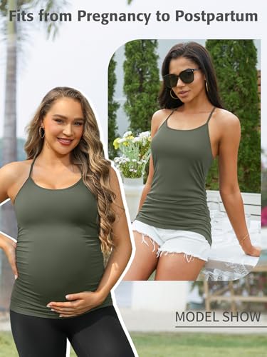 ATTRACO Women's Maternity Tank Tops with Built in Bra Pregnancy Tank - color: Olive Green, size: Large