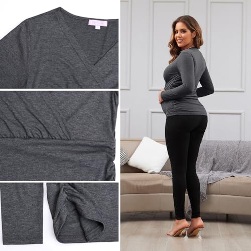 Maternity Shirt Long Sleeve Top Wrap V Neck Blouse Cross Over Nursing Tshirt - color: Dark Grey /Coffee /Caramel, size: Large