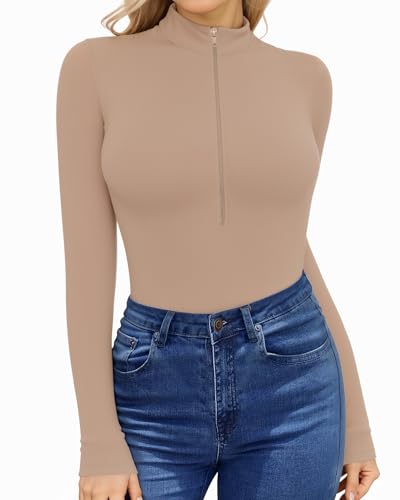 HERLOLLYCHIPS Womens Long Sleeve Top Short Sleeve V Neck Zip Up Sexy Shirts - color: D Long Sleeve Mocha, size: Large