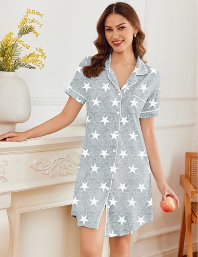 Ekouaer Nightgowns for Women Bamboo Viscose Button Down Sleepshirts - color: Grey Stars, size: Small