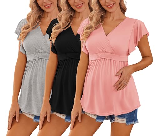 Ekouaer Maternity Shirts 3 Packs Nursing Tops Pregnancy Clothes - color: Light Grey+black+orange Pink(3pcs), size: Large