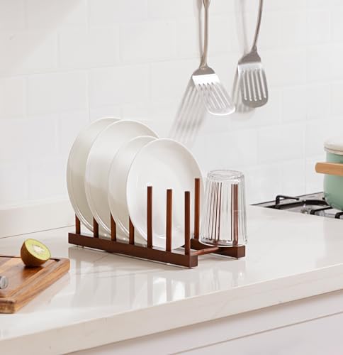 HBlife Teak Wooden Dish Drying Rack Kitchen Plate Organizer Pot Lid Holder - color: Teak 6 Slots 1pcs