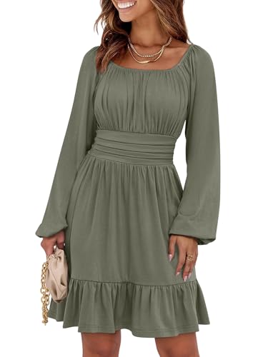 ANRABESS Women Long Lantern Sleeve Square Neck Fall Short Dress - color: Army Green, size: XX-Large