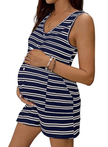 BLENCOT Maternity and Postpartum Romper for Women Button Down Striped Sleeveless V Neck Loose Jumpsuit with Pockets - color: Blue Stripe, size: Medium