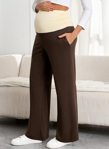BLENCOT Women's Maternity Pants Wide Leg Over The Belly Pregnancy Pants - color: Brown, size: Small
