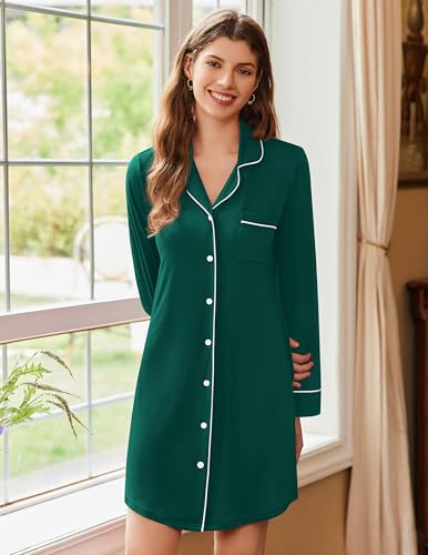 Ekouaer 2 Pack Nightgowns for Women Long Sleeve Button Down Sleep Shirt - color: Black/Green, size: Medium