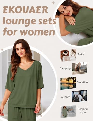 Ekouaer Lounge Sets for Women Comfy Pajamas Set 2 Piece Outfits - color: Army Green, size: X-Large