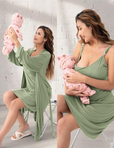 SUNNYBUY Nursing Nightgown & Maternity Robe Set for Postpartum Sleepwear - color: Greyish-green, size: Small