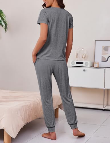Ekouaer 2 Pack Womens Pajama Short Sleeve Jogger Pants Pjs Lounge Set - color: Black and Dark Grey, size: Small