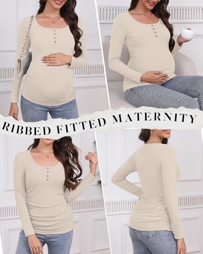 4 Pack Maternity Long Sleeve Shirts Pregnancy Tops - color: Black, White, Light Coffee, Apricot, size: Medium