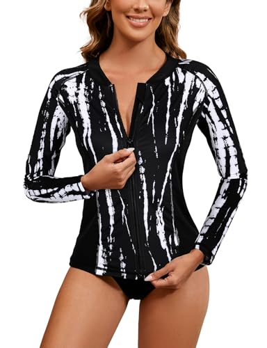 LURANEE Women's Zip Up Rash Guards for Women UPF50+ Long Sleeve Swimsuit - color: Black Tie Dye, size: Medium